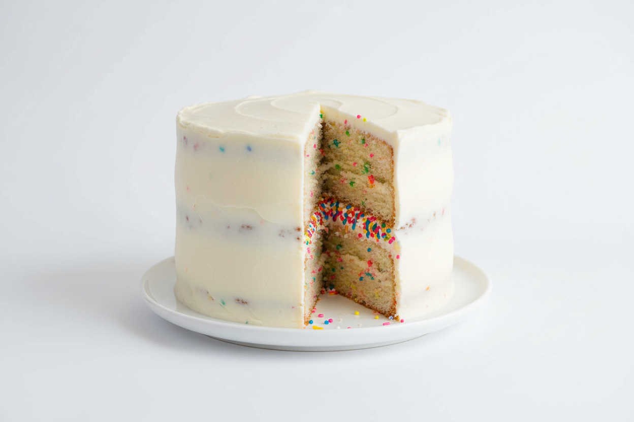 5 inch 2 layers of moist confetti cake iced with white butter creme