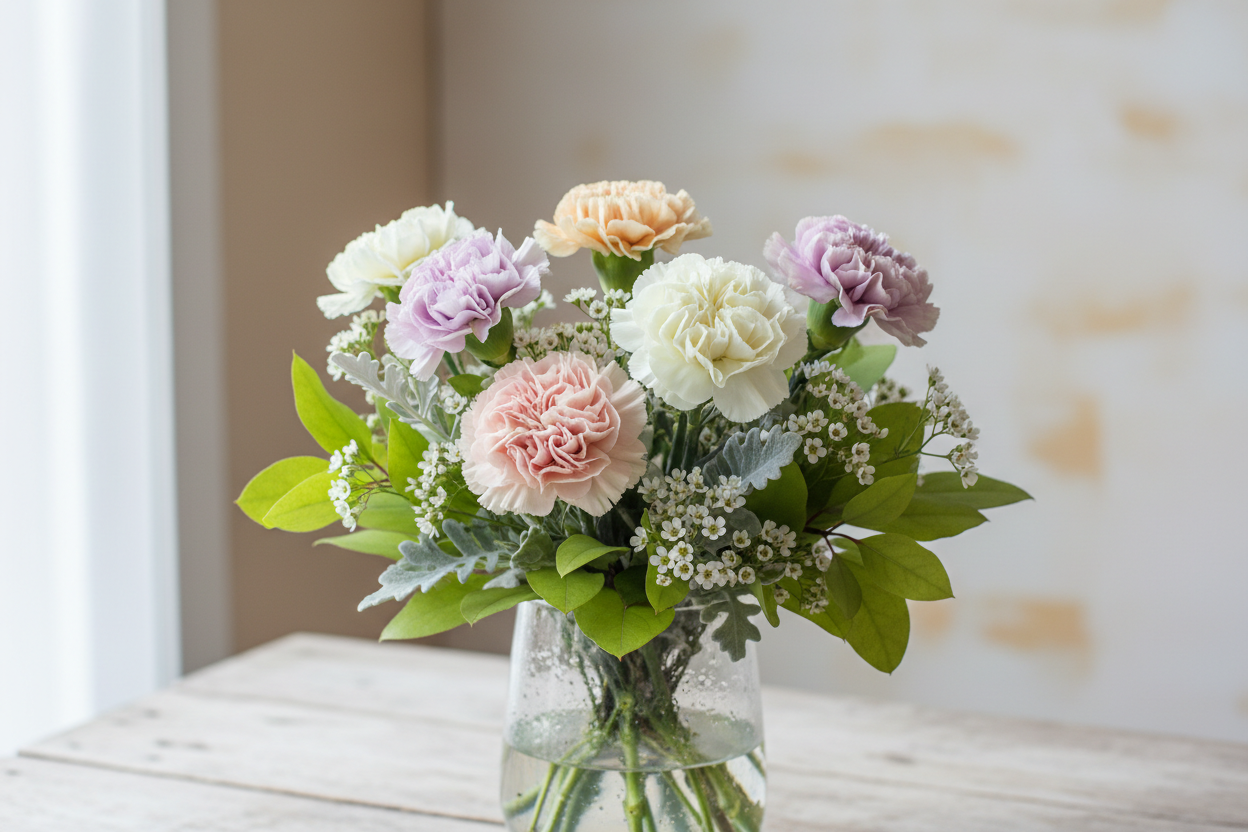 This lovely mix of 6 soft colored carnations . Arranged with greens in a Vase.