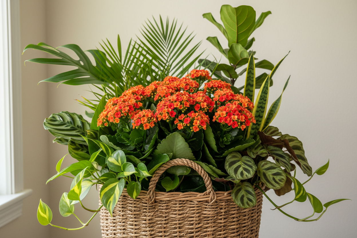 tropical house plants in basket with one kalanchoe