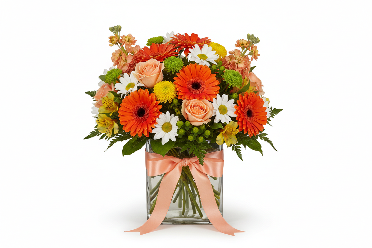 with peach ribbon around vase