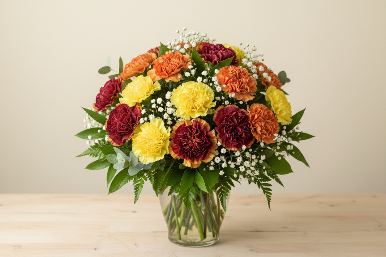  12 Fall mix Carnations with babys breath greens