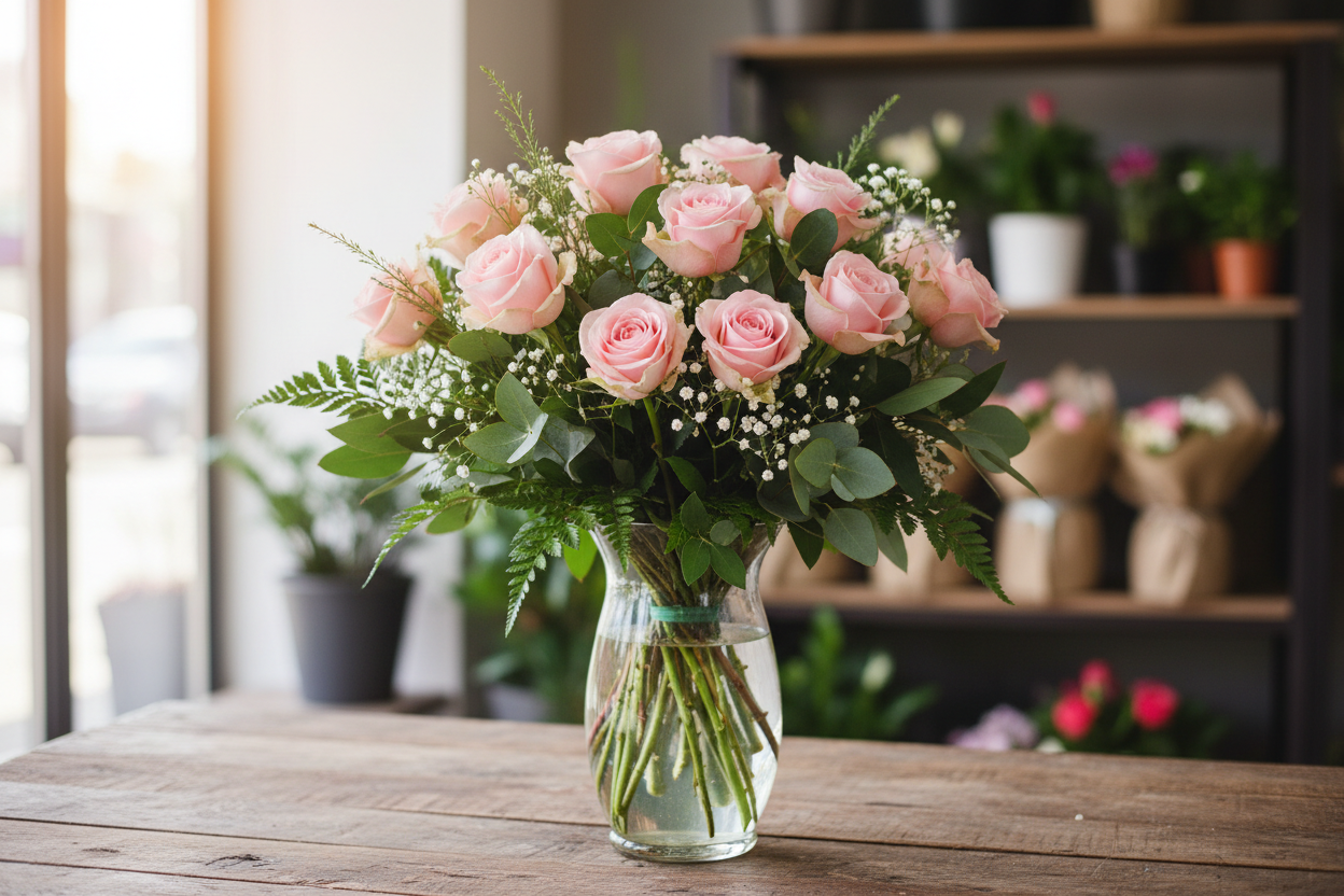 12 pink roses with greeens and baby breath in vase