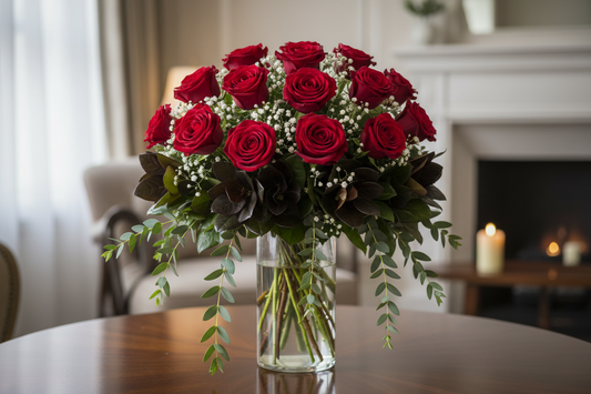 12 red exlporer roses in a vase with greenery and babys breath fancy 