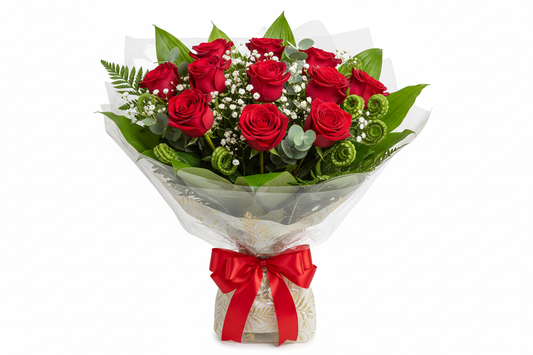 12 red roses in a wrap with greens and babys breath