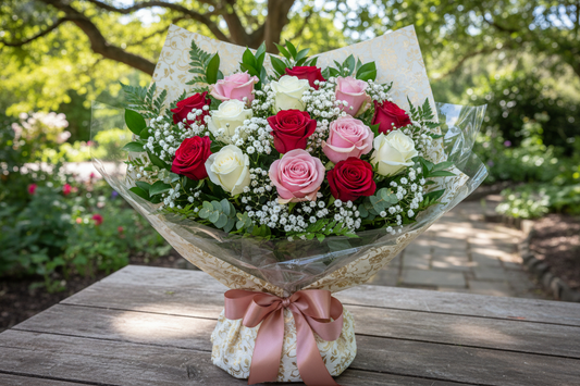 12 roses in wrap greens and babys breath