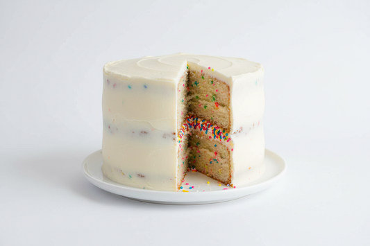 5 inch 2 layers of moist confetti cake iced with white butter creme 