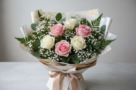 6 roses in a wrap with greens and babys breath