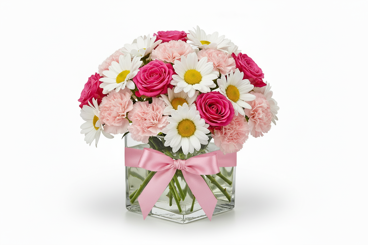 add a pink ribbon around the vase