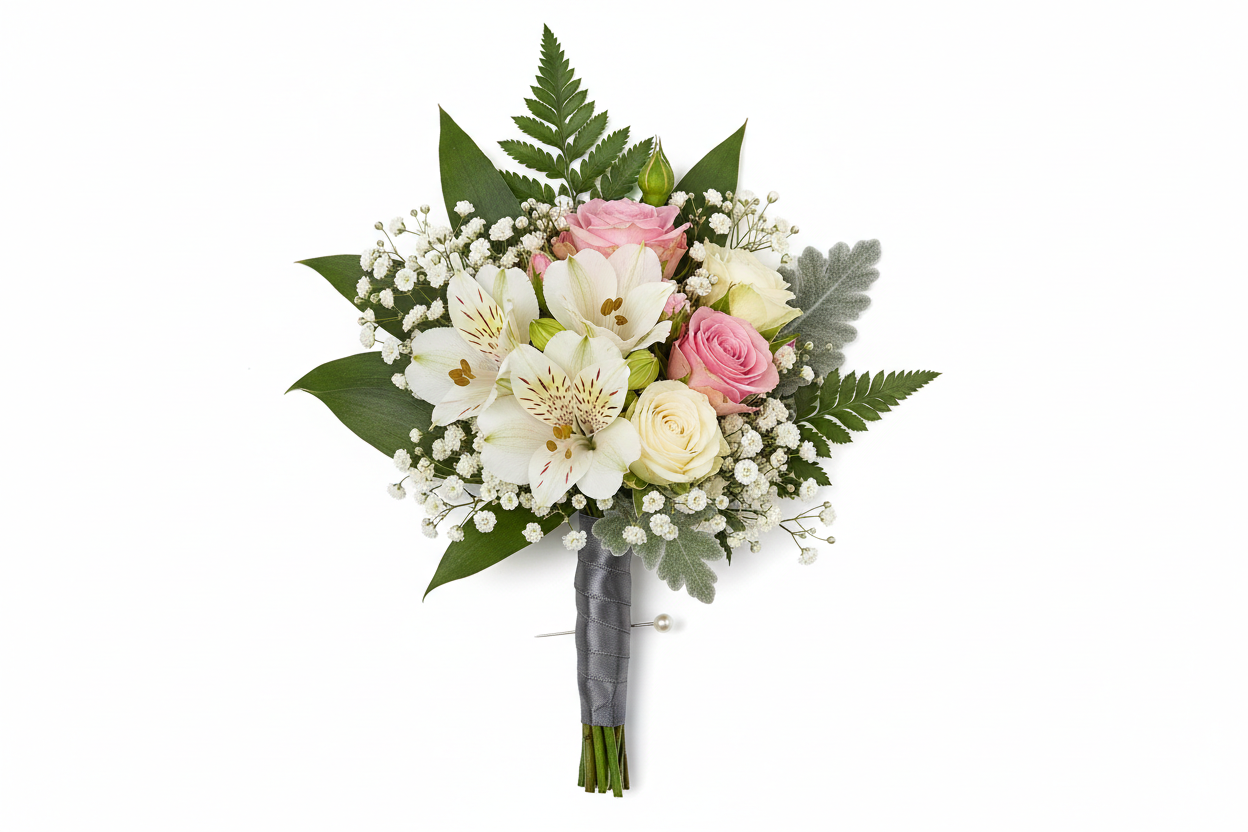 alstromeria and spray rose with greens and babys breat boitonneiere