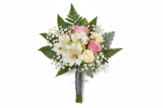 alstromeria and spray rose with greens and babys breat boitonneiere