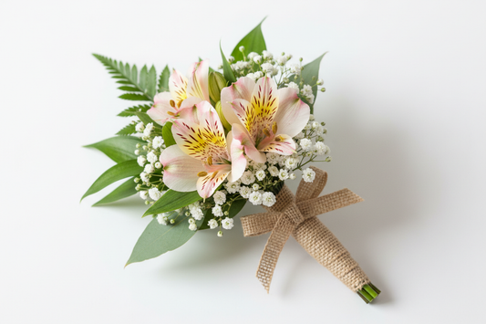 alstromeria boutionnere with greens and babys breath