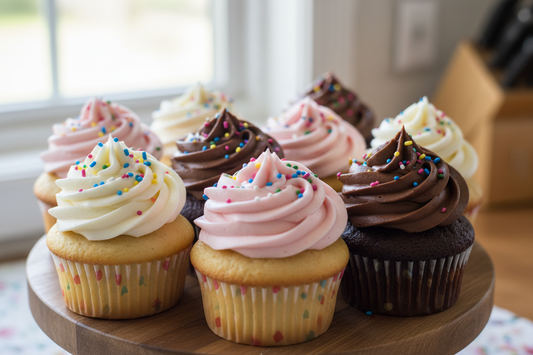 Assortment of vanilla and chocolate cupcakes with creamy icing and sprinkles