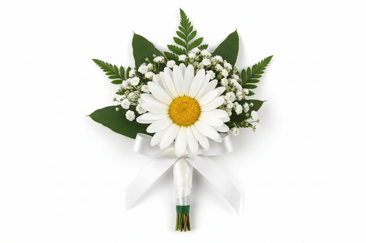 daisy Boutonniere with greens and babys breath