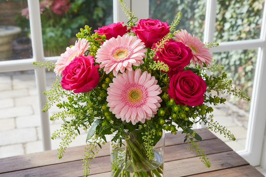 light pink gerbera daisies  hot pink roses Bupleurum