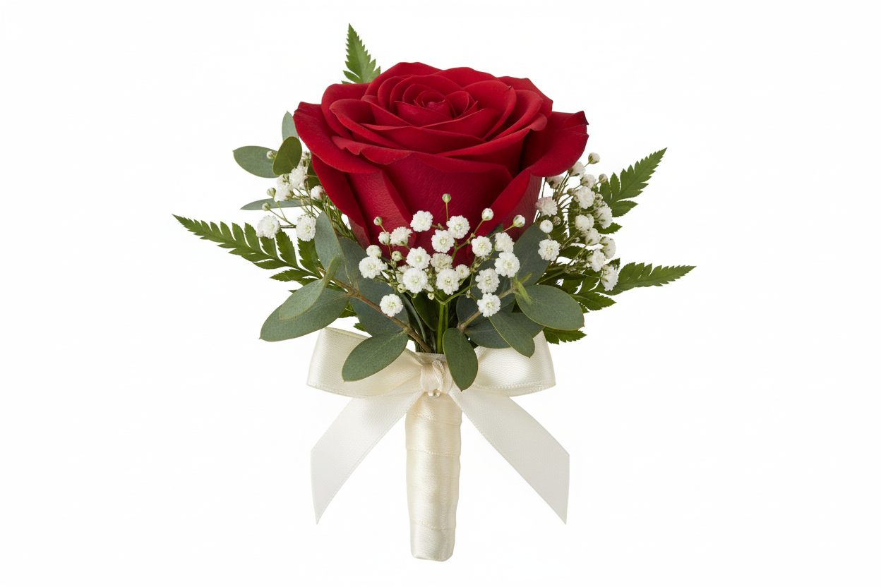 one large rose with babys breath and greens boutoniere