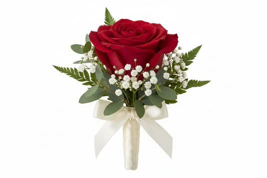 one large rose with babys breath and greens boutoniere