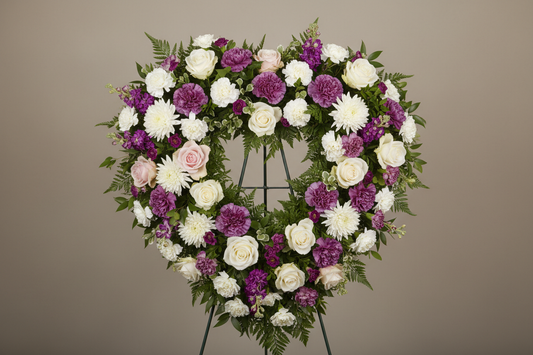 open heart white, pink,purple mix flower open heart standing spray with greens