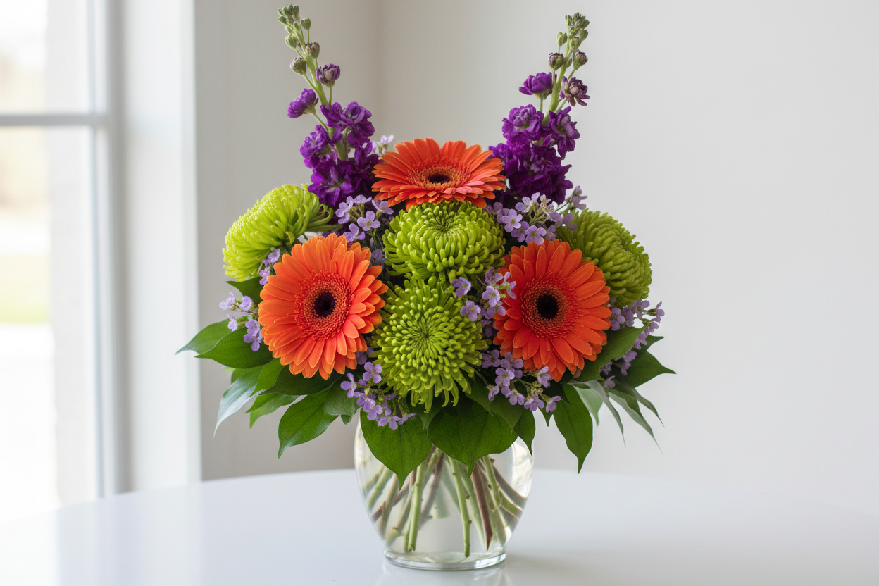 orange gerbera dasies, green fugi, purple stock, purple wax flower in vase with isreali ruscus
