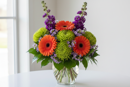 orange gerbera dasies, green fugi, purple stock, purple wax flower in vase with isreali ruscus
