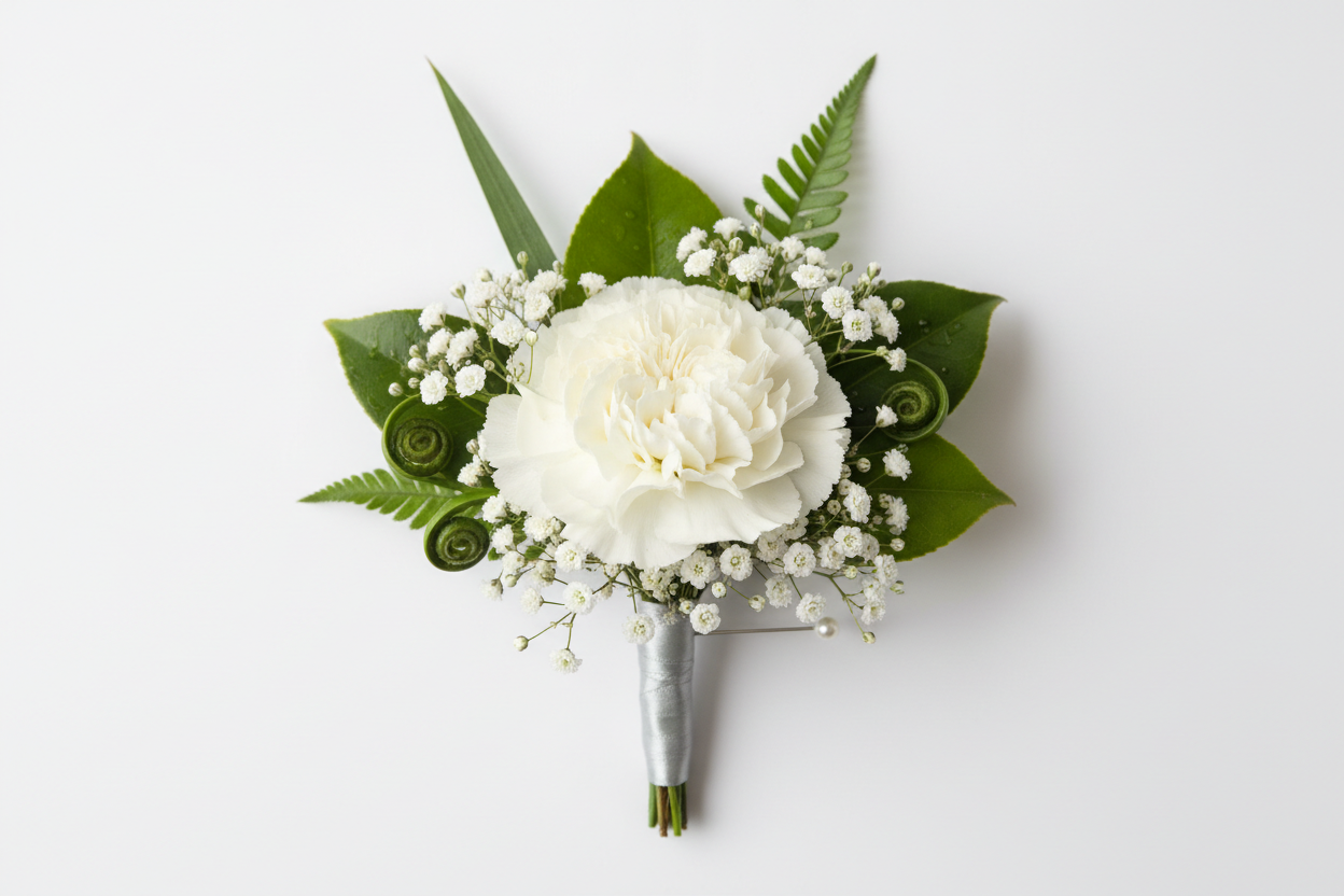 single carnation boutonneire with greens and babys breath