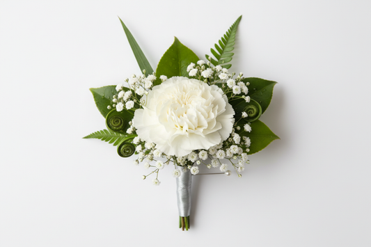 single carnation boutonneire with greens and babys breath