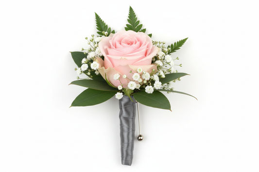 spray rose with greens and babys breath boutonnierer