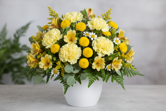 yellow carnations, yellow buttons, yellow alstromeria yellow dasies and yellow solidago in white pot with greens